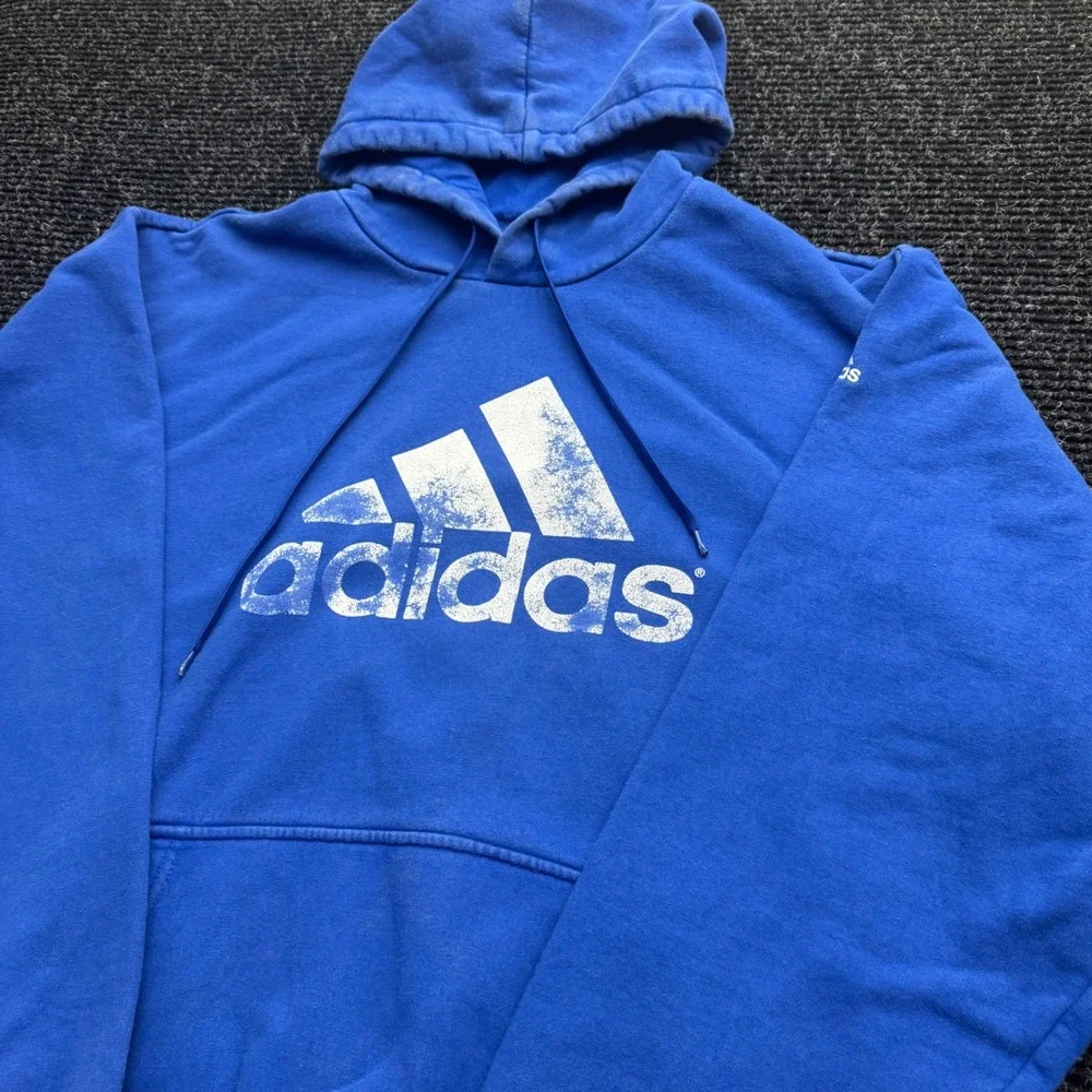 Adidas Hoodie Mens 2XL Blue Pullover Distressed Logo Fleece Sweatshirt RN119208